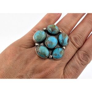 Navajo Turquoise Cluster Ring - Signed Sz 7US Handmade Native American**